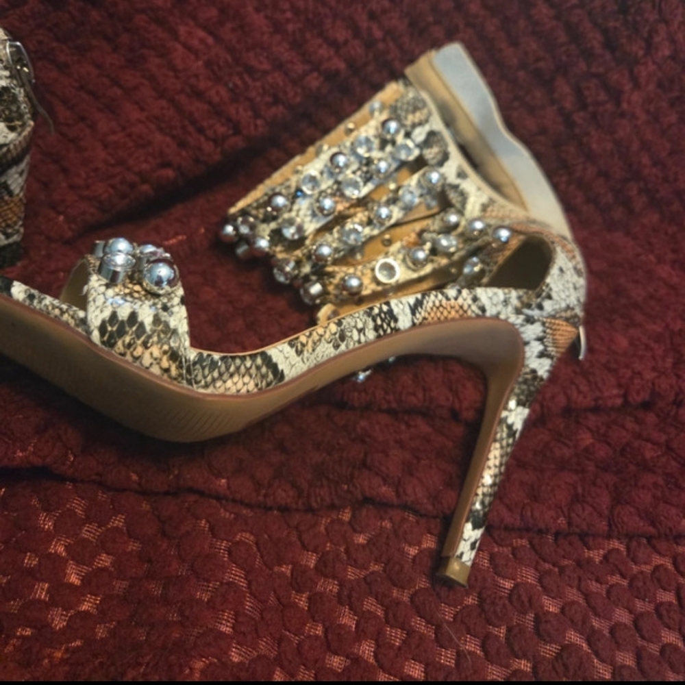 AKIRA Snake-Print Stiletto Sandals with Crystal Studs - Beige